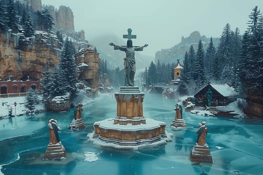 In a serene winter landscape, a flowing river winds through frozen surroundings, adorned with majestic statues