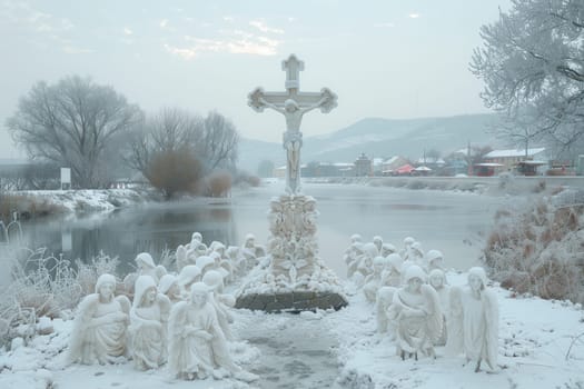 A beautiful and serene winter landscape showcases snowcovered statues, along with a cross situated by a tranquil river