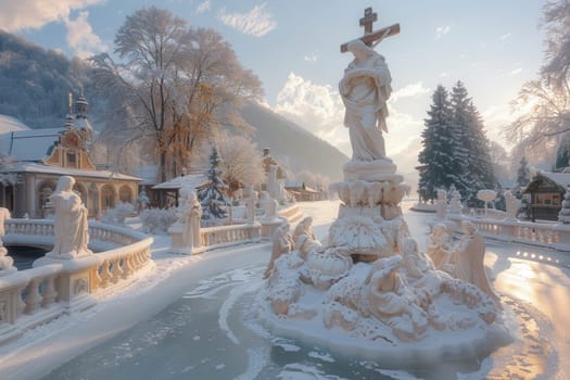 A breathtaking and picturesque winter scene that features beautifully ornate statues set in a snowy landscape
