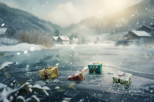 This charming winter landscape showcases an array of colorful gift boxes beautifully dusted with soft snow