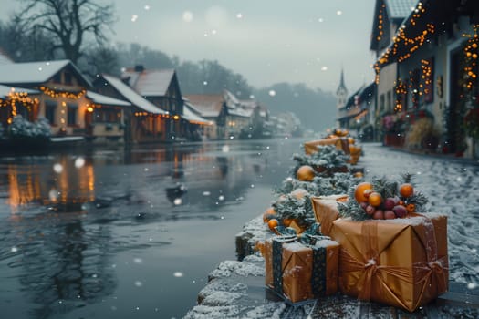A picturesque winter scene showcases holiday gifts, beautifully snowcovered rooftops, and vibrant festive decorations
