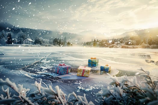 A beautifully serene winter landscape showcases colorful gifts placed on a frozen lake, all surrounded by snow