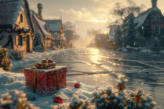 A breathtakingly beautiful winter landscape showcasing a delightful gift amid charming, snowcovered houses