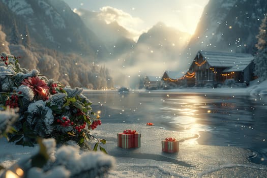 A beautifully picturesque winter scene featuring delightful gifts, a snowy landscape, and a serene mountain backdrop
