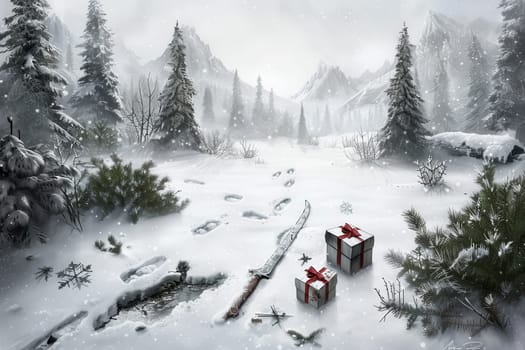 In a serene snowy landscape with colorful gifts among pine trees and majestic mountains, the scene evokes wonder