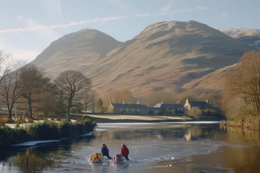 A serene and tranquil scene of winter at a beautiful river featuring two rafters amidst stunning, picturesque mountains