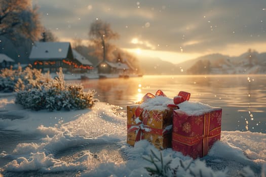 A peaceful and serene winter landscape showcasing snowy gifts beautifully arranged near a tranquil lake at sunset