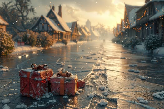 A picturesque winter village scene with presents on a snowy street, capturing the essence of holiday magic