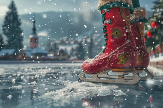 A red ice skate glides effortlessly across a snowy rink, capturing the joyful spirit of winter festivities