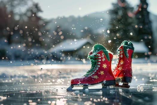 Festive Christmas ice skates elegantly gliding on a frosty rink, captivating the true essence of winter joy