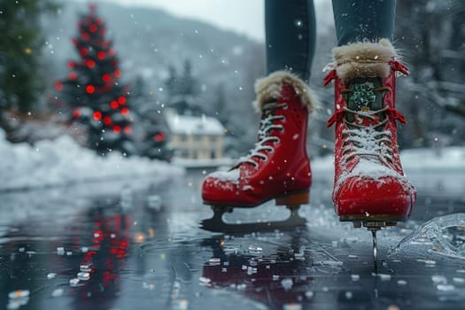 A vivid winter scene featuring a person ice skating in bright red skates amidst snow and festive decor.