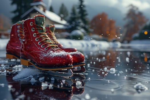 Colorful red ice skating boots are surrounded by shimmering ice and soft snow in a winter landscape