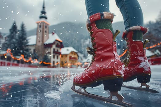 A winter scene of joyful ice skating in a snowy village, beautifully adorned with festive lights and decorations