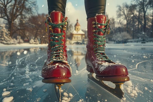 Stylish bright red skates stand out against a beautiful snowy landscape, capturing the pure joy of winter ice skating