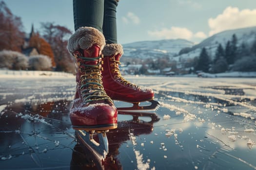 Cherish the beauty of winter ice skating on a serene snowy lake, perfect for outdoor fun and adventures