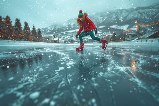 A cheerful figure is gracefully skating on a frozen lake amidst a beautiful snowy winter wonderland