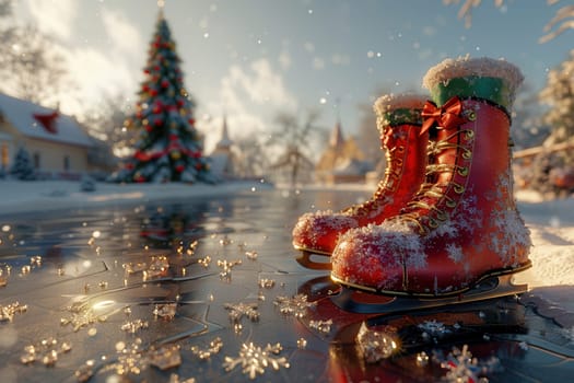 Colorful skates elegantly adorned with fresh snow in a truly magical winter setting filled with Christmas spirit