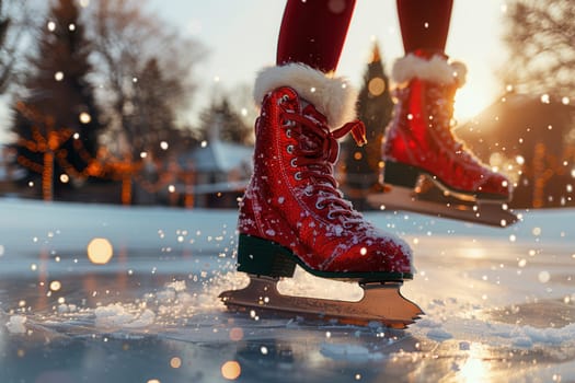Enjoying a delightful and joyful winter skate in stunning vibrant red skates surrounded by beautiful snow