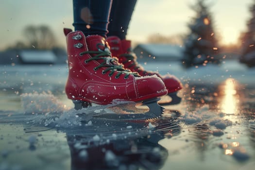 A closeup view shows bright red ice skates splashing on the surface of a frozen lake during the winter season
