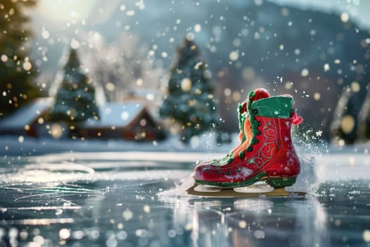 A bright and vibrant red ice skate rests on a frozen pond, surrounded by pure white snow and festive cheer all around