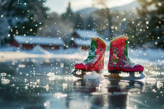 Colorful ice skates gently resting on a frozen pond, beautifully surrounded by a serene snowy winter landscape