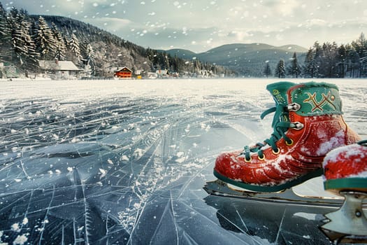 Vibrant skates gliding on ice in a snowy landscape create a perfect setting for winter sports and holiday visuals