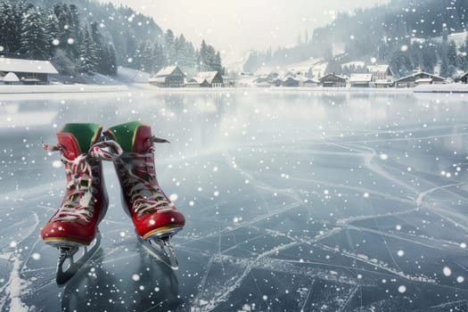 A picturesque winter landscape features vibrant red ice skates on a frozen lake, surrounded by snow