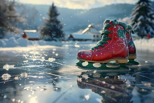 Festively decorated ice skates glide on a frozen pond, capturing the joyful essence of winter and holiday spirit