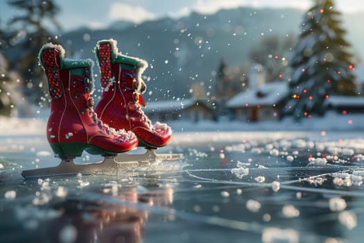 Colorful ice skates are resting on a snowy rink, perfectly embodying the essence of winter fun and the holiday spirit