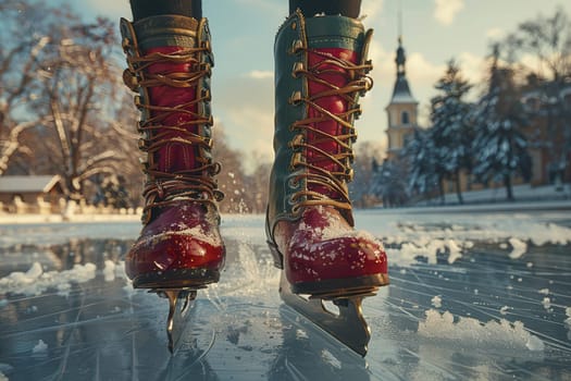A vibrant and energetic ice skating scene featuring colorful skates on a stunningly beautiful winter day