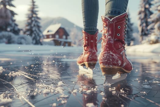 A person gracefully skating on ice, surrounded by beautiful, snowy trees and a cozy cabin in the background