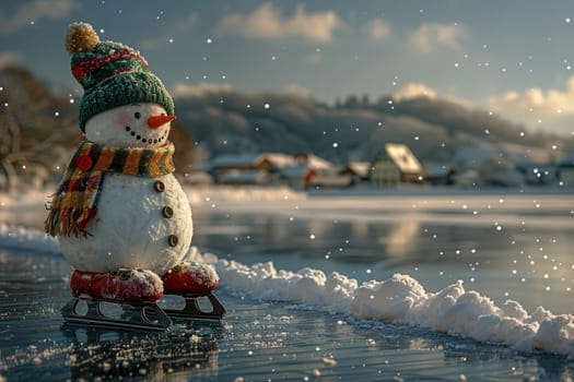 A cheerful and delightful snowman gracefully skating in a beautiful snowy landscape, embodying winter joy and happiness