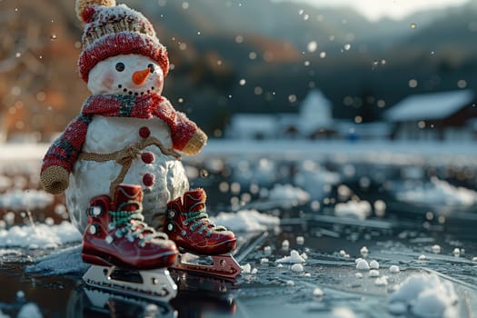 A charming snowman in colorful attire joyfully skates on a slippery ice surface in a snowy landscape
