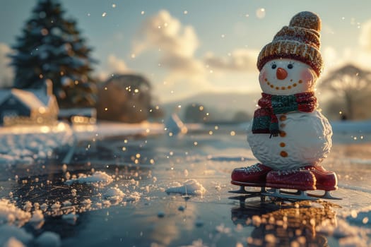 A charming and delightful snowman set in a beautiful winter scene, showcasing joyful ice skating in the snow