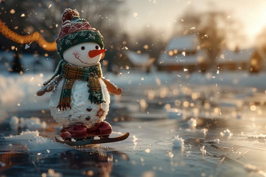 A cheerful snowman gracefully skates on ice, surrounded by a snowy landscape filled with festive lights
