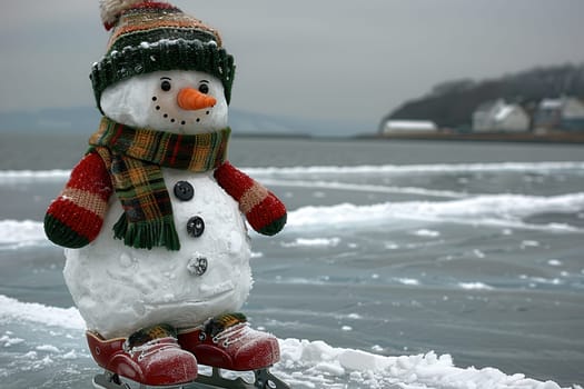 A cheerful and fun snowman, adorned with a vibrant scarf and hat, gracefully skating on a frozen, icy lake