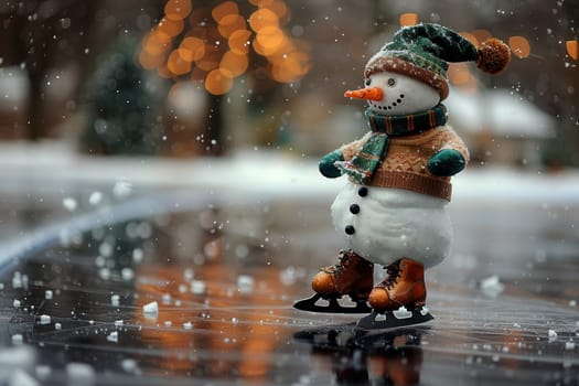 A delightful festive snowman wearing colorful skates, surrounded by gently falling snowflakes and bright holiday lights