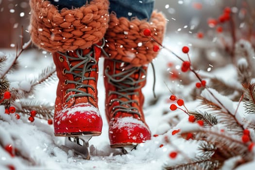 A cozy winter scene with bright red ice skates on fluffy snow, ideal for seasonal celebrations and festivities