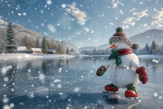 A cheerful and charming snowman skates gracefully on a beautiful frozen lake amidst a picturesque snowy landscape