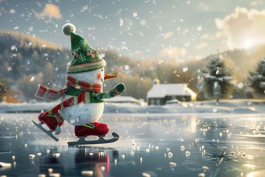 A cheerful and delightful snowman happily skating on ice in the midst of a beautiful snowy landscape during winter