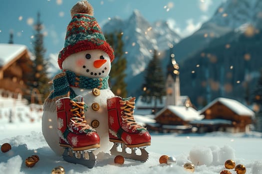 A cheerful snowman adorned with a colorful hat and crisp ice skates stands in a beautiful snowy landscape