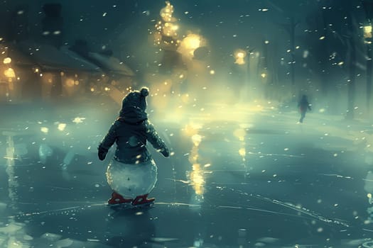 A whimsical snowy night with a cheerful snowman gliding on ice, surrounded by vibrant glowing lights