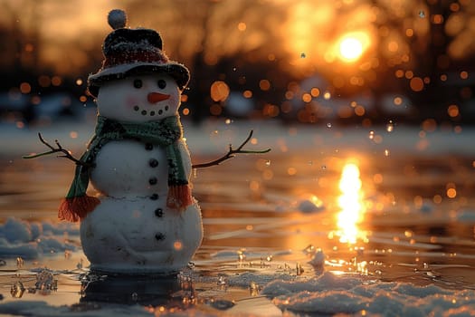 A beautifully crafted snowman stands in shimmering water at sunset, surrounded by sparkling snowflakes.