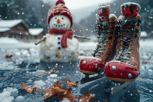 A charming winter scene showcases colorful ice skates and a cheerful snowman joyfully nestled in the snow