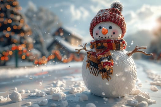 A truly delightful snowman is beautifully adorned with a colorful hat and scarf in a festive winter scene