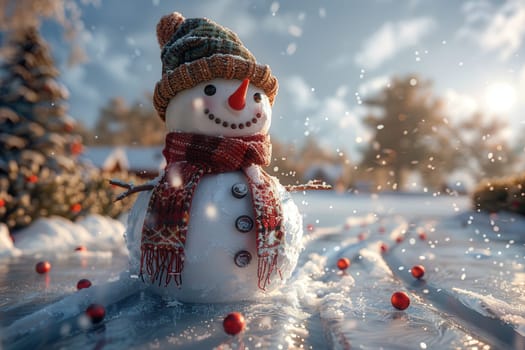 A charming snowman, made with care, is in soft snow and lovely winter scenery, great for seasonal themes