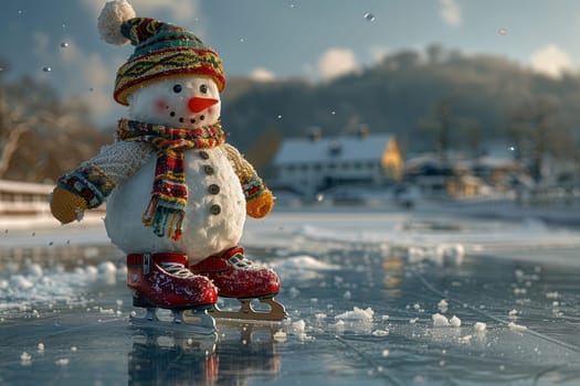A whimsical snowman gracefully skating on smooth ice, surrounded by enchanting, picturesque winter scenery