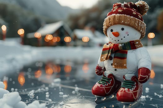 A joyful snowman on skates is in a picturesque snowy landscape, capturing the essence of winter fun