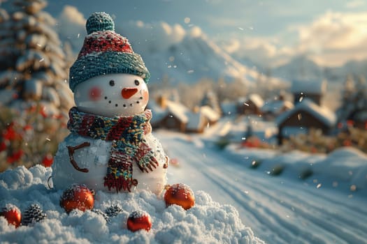 In a serene winter landscape, a charming snowman adorned with a vibrant colorful scarf and a festive hat stands