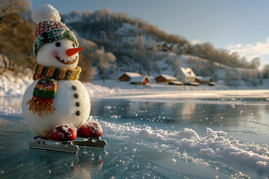 A cheerful snowman on ice skates glides across a picturesque winter landscape surrounded by snowy hills